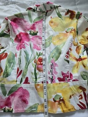Chico's Floral Watercolor Cotton Jacket in White, Pink, Yellow & Green